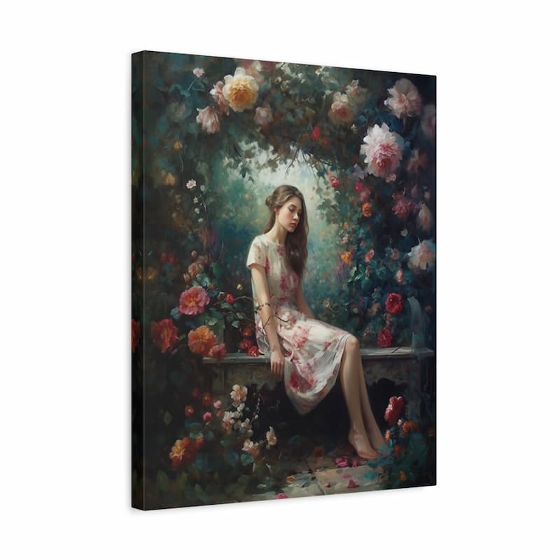 A square canvas wall art print showing a seated woman in a floral dress surrounded by lush roses and dark foliage, photographed against a plain white background.