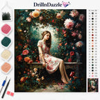 DrillnDazzle diamond painting kit featuring a floral garden scene with a seated woman, shown with color beads, needles, and a color chart on a white background.