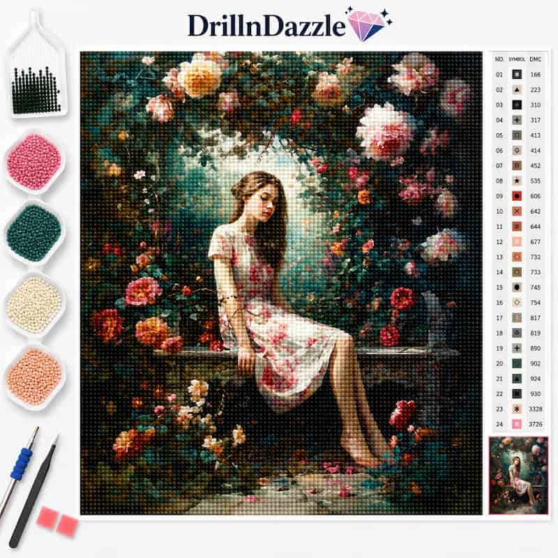 DrillnDazzle diamond painting kit featuring a floral garden scene with a seated woman, shown with color beads, needles, and a color chart on a white background.