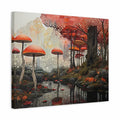 A square canvas wall art print depicting a surreal forest scene with large red-orange mushrooms, dark tree trunks, reflective water, and a pale misty background. The canvas is shown at a slight angle against a plain white background.