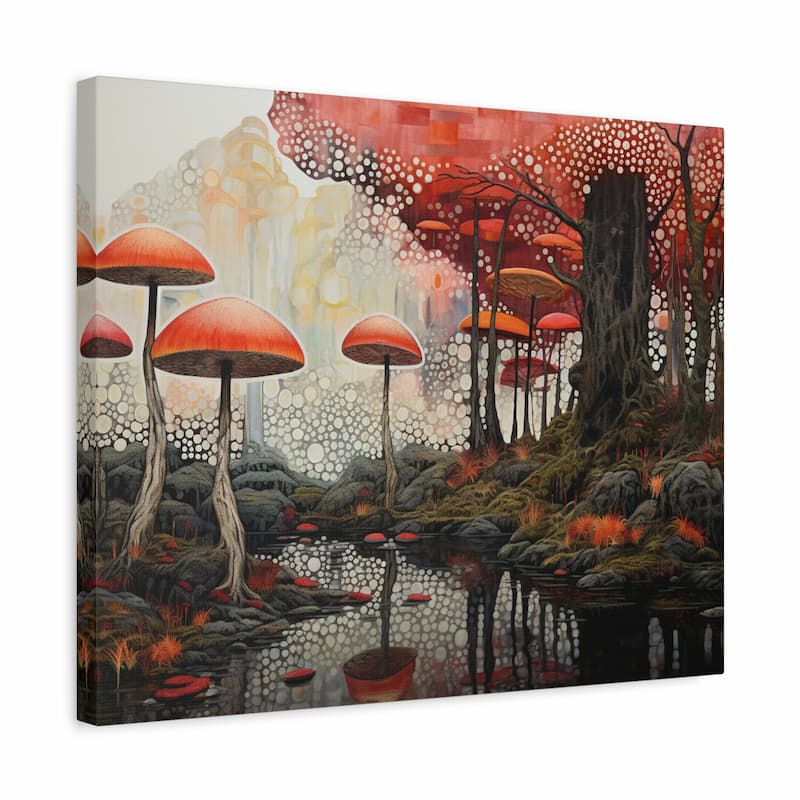 A square canvas wall art print depicting a surreal forest scene with large red-orange mushrooms, dark tree trunks, reflective water, and a pale misty background. The canvas is shown at a slight angle against a plain white background.