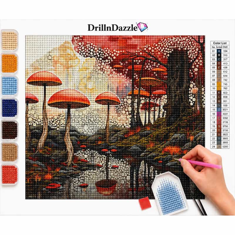 A diamond painting kit by DrillnDazzle showing a forest scene with red mushrooms, trees, and a pond, with a hand holding a pink pen painting on it. Color swatches are shown on the left, a color list on the right, and the brand name DrillnDazzle at the top.