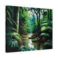 A square canvas wall art print depicting a lush green rainforest scene with a reflective stream, surrounded by dense foliage and trees, shown at a slight angle against a white background.