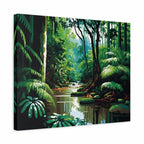 A square canvas wall art print depicting a lush green rainforest scene with a reflective stream, surrounded by dense foliage and trees, shown at a slight angle against a white background.