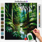 A diamond painting or cross-stitch style nature scene kit showing a lush green forest with a stream, alongside a color list, bead swatches, a pink pen, and a hand holding a paint tool. The brand name DrillnDazzle appears at the top.