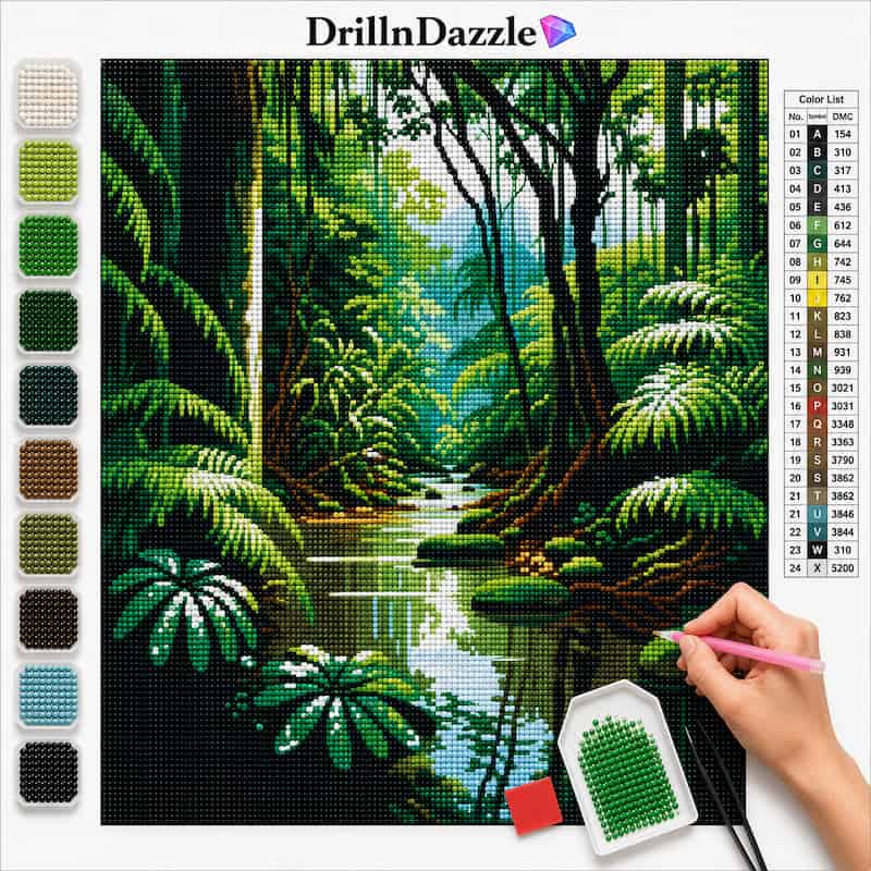 A diamond painting or cross-stitch style nature scene kit showing a lush green forest with a stream, alongside a color list, bead swatches, a pink pen, and a hand holding a paint tool. The brand name DrillnDazzle appears at the top.