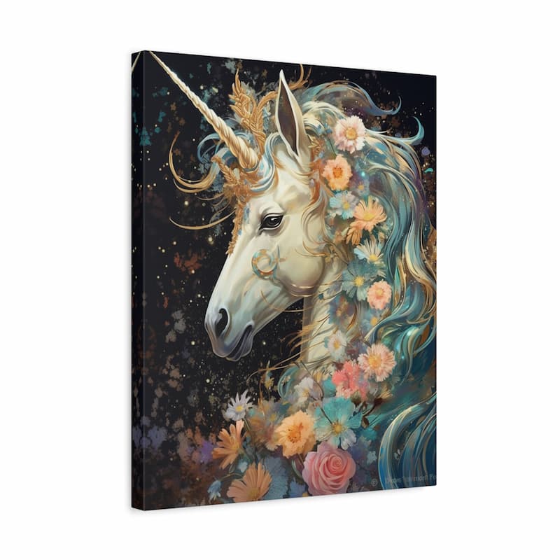 A vertical canvas wall art print featuring a fantasy unicorn portrait. The unicorn has a cream-white face and horn, with a flowing blue and teal mane decorated with pastel flowers in orange, pink, and yellow.