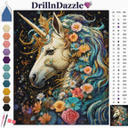 A diamond painting kit cover featuring a colorful unicorn head with a gold horn, blue and teal flowing mane, and flowers on a dark starry background. The top reads 'DrillnDazzle' with a pink gem icon, and the left side shows a vertical color palette with sample hex codes and paintbrushes, while a color legend appears on the right.