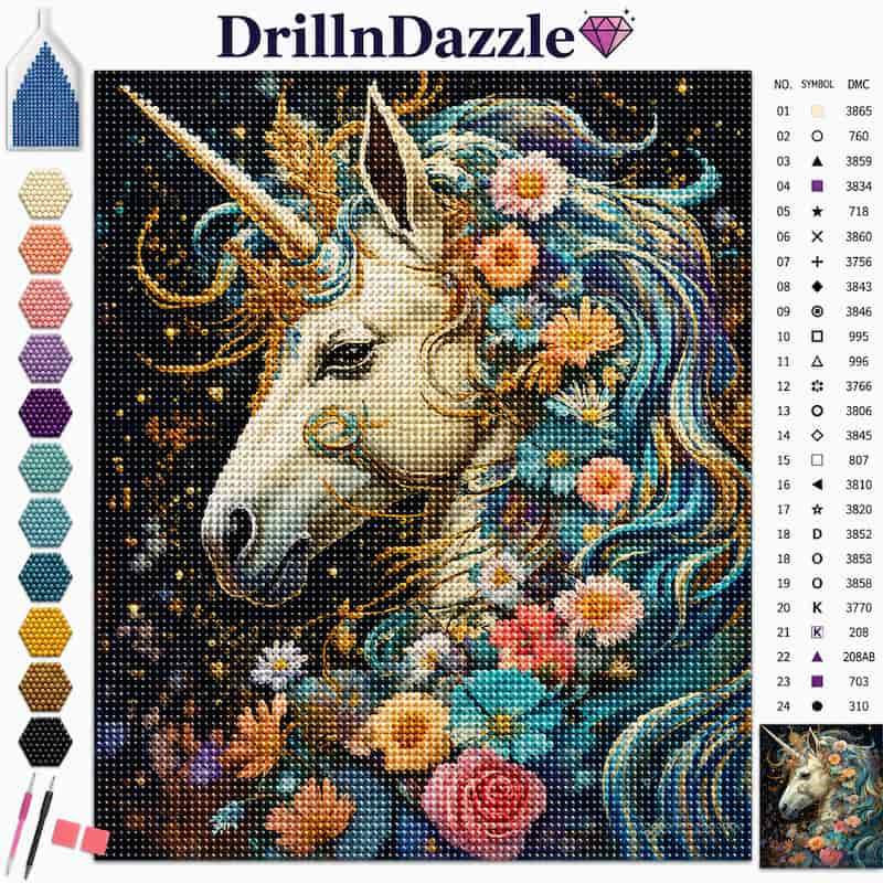 A diamond painting kit cover featuring a colorful unicorn head with a gold horn, blue and teal flowing mane, and flowers on a dark starry background. The top reads 'DrillnDazzle' with a pink gem icon, and the left side shows a vertical color palette with sample hex codes and paintbrushes, while a color legend appears on the right.