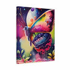 A colorful fantasy butterfly wall art print or canvas, featuring a vibrant multicolor butterfly with glowing wings against a cosmic, dreamy background with planets and abstract shapes.