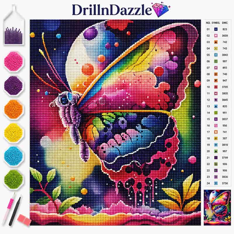 A colorful diamond painting kit design featuring a vibrant rainbow butterfly, with a color chart, paint pots, and tools on a white background. The brand name 'DrillInDazzle' is visible at the top.