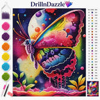 A colorful diamond painting kit design featuring a vibrant rainbow butterfly, with a color chart, paint pots, and tools on a white background. The brand name 'DrillInDazzle' is visible at the top.