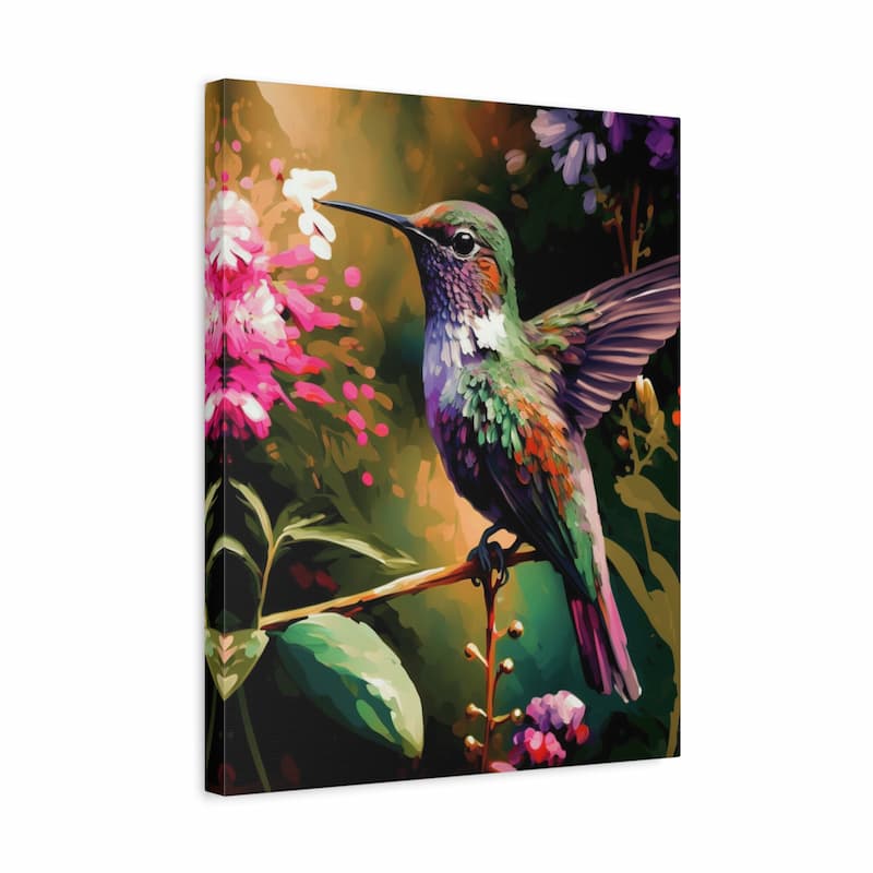 A square canvas wall art print featuring a colorful painted hummingbird perched on a branch among pink, white, and purple flowers, shown against a plain white background.
