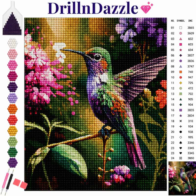 A colorful diamond painting art kit cover showing a hummingbird perched among pink flowers, with the DrillnDazzle brand name at the top, a color chart on the right, and sample color swatches on the left.