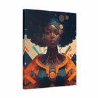 A vertical canvas wall art print featuring a stylized portrait of a woman with dark hair, glowing orange and blue details, and a futuristic geometric background, shown at a slight angle against a white studio background.