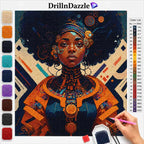 A diamond painting kit preview showing a completed colorful portrait artwork with a color list sheet and a hand holding a pink paint pen, branded DrillinDazzle.