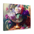 A square canvas wall art print featuring a colorful still life painting of a floral arrangement in an ornate gold-toned vase, shown at an angle against a plain white background.