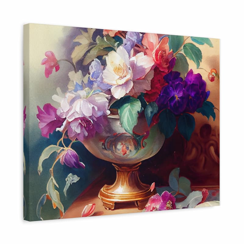 A square canvas wall art print featuring a colorful still life painting of a floral arrangement in an ornate gold-toned vase, shown at an angle against a plain white background.