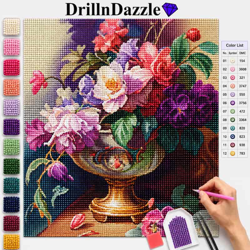 A diamond painting or cross-stitch style floral artwork being created, showing a bouquet of pink, purple, white, and red flowers in a gold-toned vase. The image includes a color list panel on the right and a vertical row of color swatches on the left.