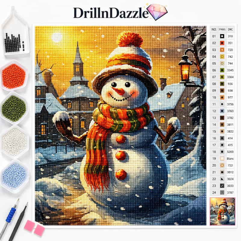 DrillnDazzle diamond painting kit featuring a winter snowman design. The image shows the completed painted canvas in the center, with beads in multiple colors, two metal needles, and a color reference chart on the left and right margins, all set against a clean white background.