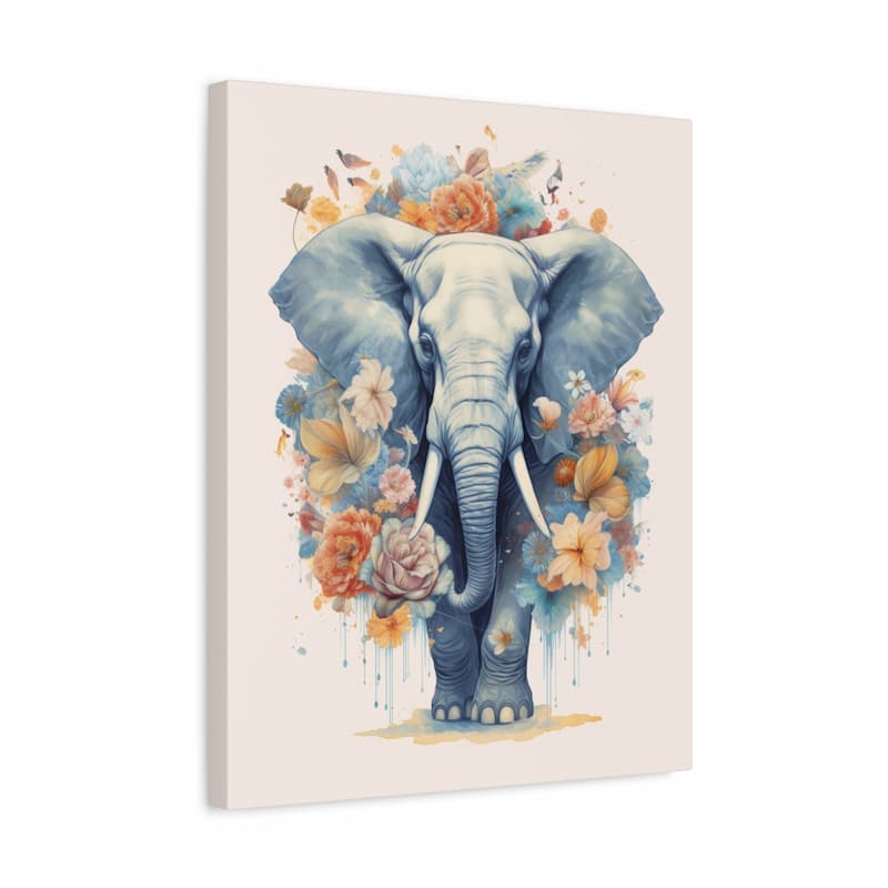 A vertical canvas wall art print featuring a stylized blue elephant surrounded by colorful watercolor flowers in orange, yellow, and pink on a light cream background.