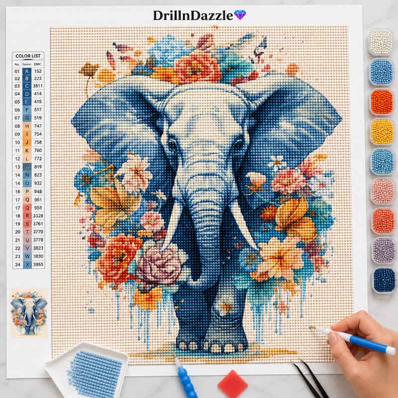 A person's hand is shown using a diamond painting needle on a canvas print of an elephant surrounded by colorful flowers. The image includes a color list on the left, a row of color swatches on the right, and the brand name 'DrillInDazzle' at the top.
