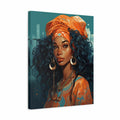 A vertical canvas wall art print featuring a stylized portrait of a woman with voluminous dark curly hair, an orange patterned headwrap, and an orange-and-blue patterned top against a teal background.