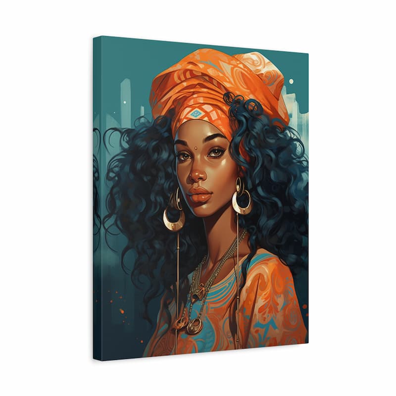A vertical canvas wall art print featuring a stylized portrait of a woman with voluminous dark curly hair, an orange patterned headwrap, and an orange-and-blue patterned top against a teal background.