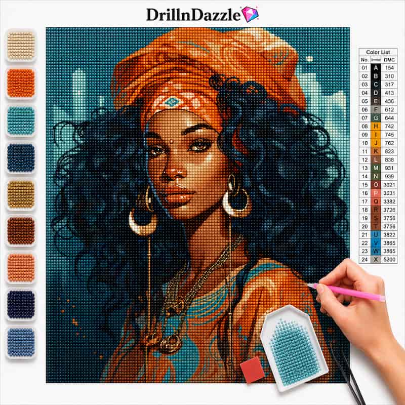 A diamond painting or craft kit preview showing a partially completed portrait of a woman with curly hair, an orange headwrap, and teal clothing. The image includes a color list, a vertical row of color chips, and a hand holding a pink-pointed paint tool over the canvas.