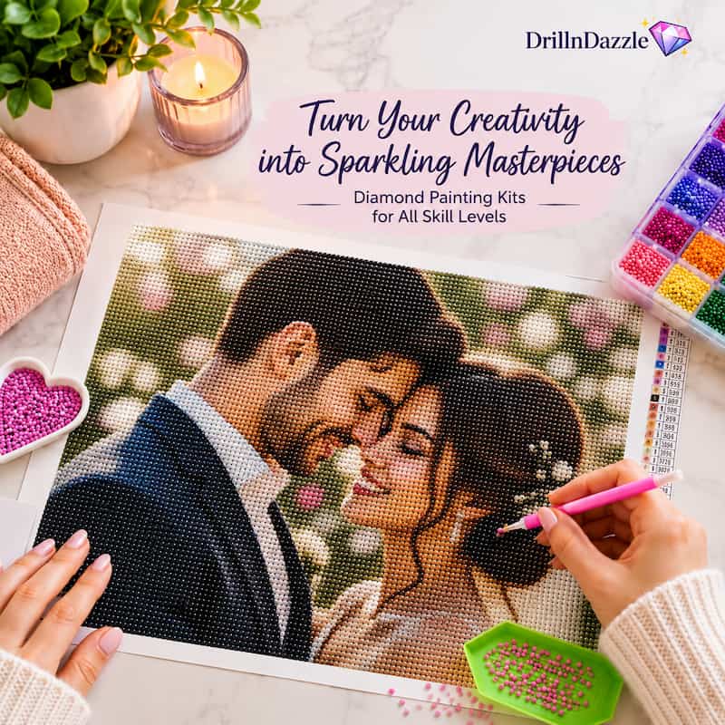 A diamond painting kit in use, showing a printed canvas of a couple with a person's hands applying colored resin droplets with a pink tool. The scene is styled with a candle, greenery, a tray of colorful beads, and a hexagonal container of pink beads on a light marble surface.