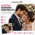 Promotional graphic for a DrillnDazzle custom diamond painting kit, featuring a couple in a close embrace with a pixelated diamond-painting overlay effect. Large text reads 'CUSTOM DIAMOND PAINTING KIT,' with bullet points about personalization, sparkling details, and memories that shine.