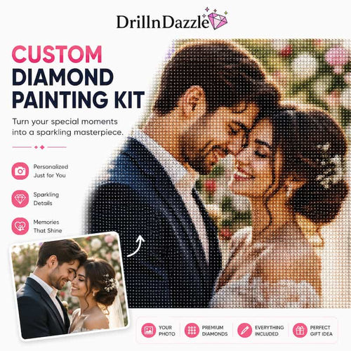 Promotional graphic for a DrillnDazzle custom diamond painting kit, featuring a couple in a close embrace with a pixelated diamond-painting overlay effect. Large text reads 'CUSTOM DIAMOND PAINTING KIT,' with bullet points about personalization, sparkling details, and memories that shine.