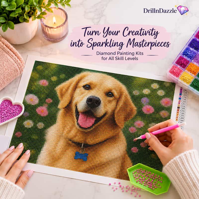 A person's hands are shown painting a golden retriever portrait using a diamond painting kit, with a pink diamond pen and a green bead holder. The scene is styled as a flat-lay on a white desk with a candle, a potted plant, and a box of colorful beads.