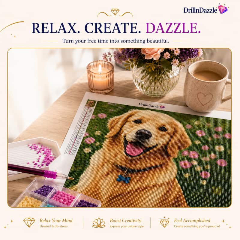 A diamond painting canvas featuring a golden retriever dog in a flower field, displayed on a wooden table with a lit candle, flowers, a mug, and small paint beads. The brand name DrillinDazzle is visible at the top and on the canvas header.