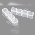 Clear plastic jewelry organizer with dimensions on a gray background