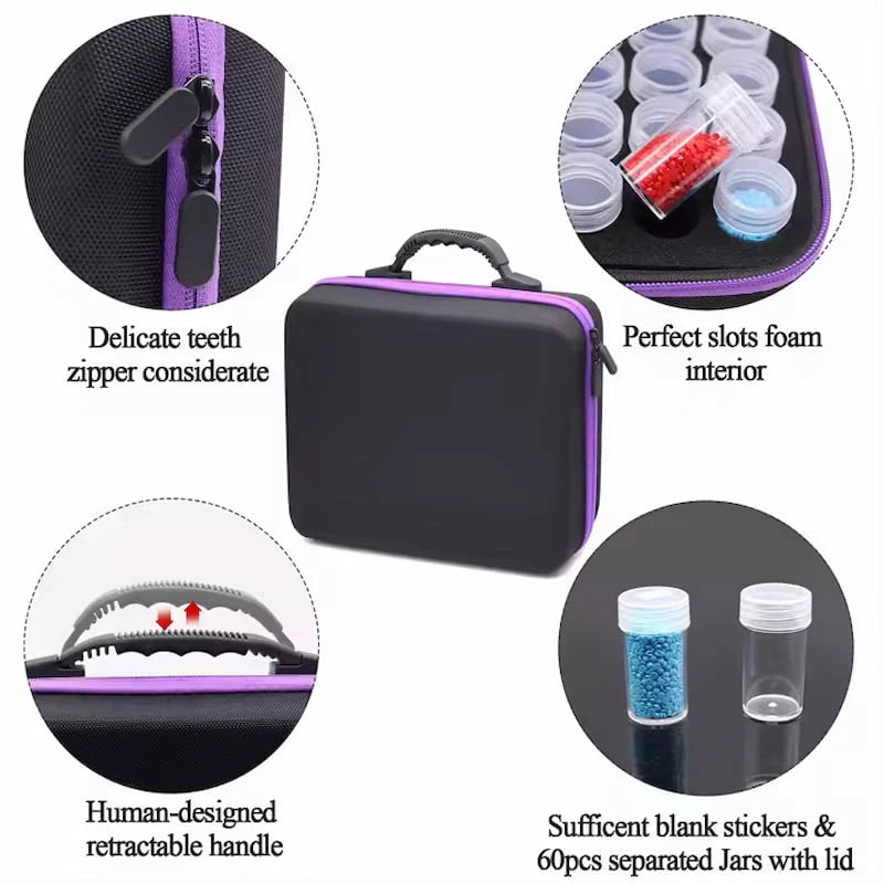 Black and purple carrying case with detailed features on a white background