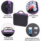 Black and purple carrying case with detailed features on a white background