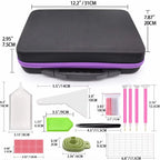Black and purple case with measurements and included items displayed below on a white background