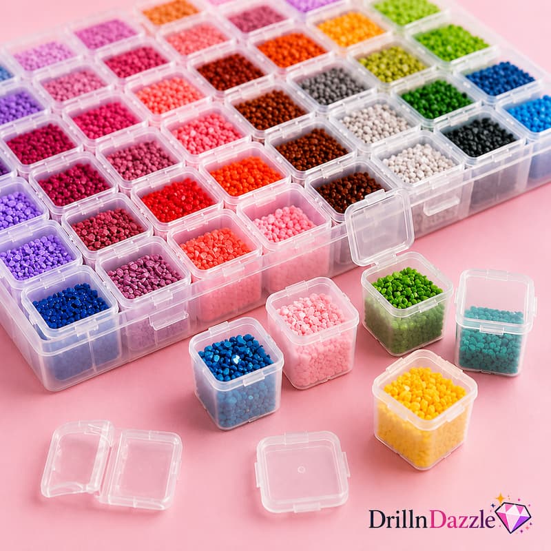 A clear plastic storage organizer filled with many small colorful drill bits, shown on a pink background with several loose square containers of selected drill bits in front. The DrillnDazzle logo appears in the bottom right corner.
