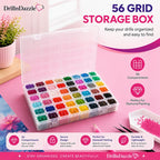A clear plastic 56-compartment grid storage box filled with colorful drill bits, shown on a pink background with product features and branding text. The box is open and photographed from above, with decorative craft props around it.
