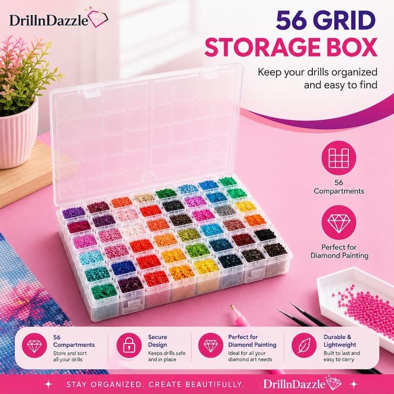 A clear plastic 56-compartment grid storage box filled with colorful drill bits, shown on a pink background with product features and branding text. The box is open and photographed from above, with decorative craft props around it.