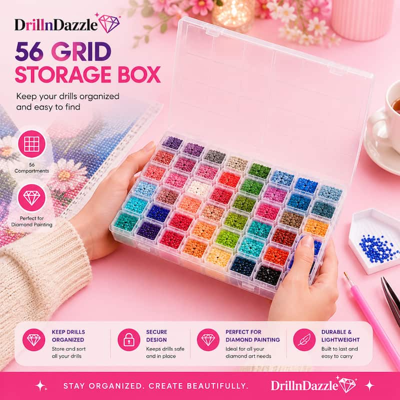 A clear plastic storage box filled with many small colorful diamond painting drills, held by two hands over a pink background. The image includes branding text for DrinnDazzle, feature icons, and a pink promotional layout.