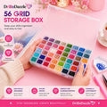 A clear plastic storage box filled with many small colorful diamond painting drills, held by two hands over a pink background. The image includes branding text for DrinnDazzle, feature icons, and a pink promotional layout.