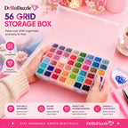 A clear plastic storage box filled with many small colorful diamond painting drills, held by two hands over a pink background. The image includes branding text for DrinnDazzle, feature icons, and a pink promotional layout.