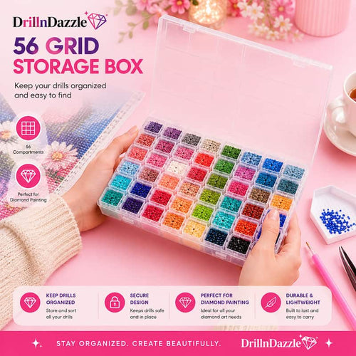 A clear plastic storage box filled with many small colorful diamond painting drills, held by two hands over a pink background. The image includes branding text for DrinnDazzle, feature icons, and a pink promotional layout.