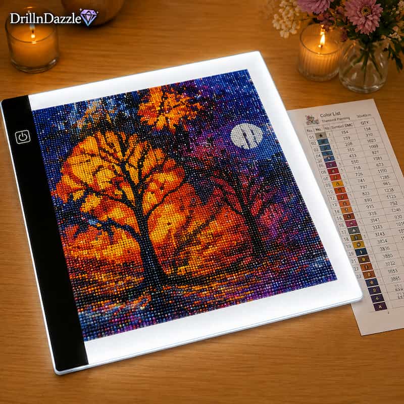 A diamond painting canvas showing an autumn forest scene with glowing orange trees and a purple night sky, displayed on a light box over a wooden table. A color list sheet is visible next to it, and candles and flowers decorate the background.