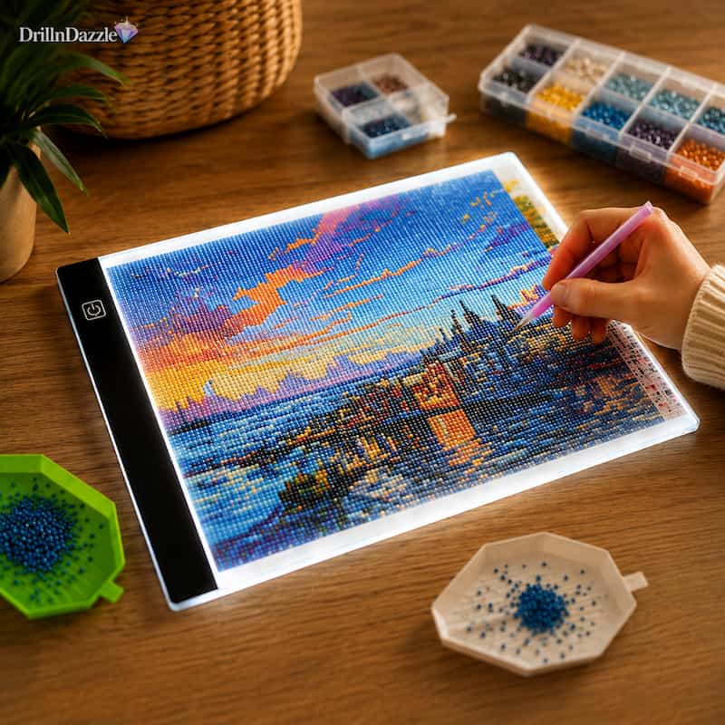 A person's hand holds a purple stylus over an illuminated diamond painting canvas showing a colorful sunset landscape. The scene is set on a wooden table with various craft accessories, including bead storage containers, a green bead scoop, and a small dish of blue beads.