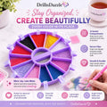 A purple plastic diamond painting bead organizer wheel with multiple colored compartments, shown on a white background with promotional text and a hand holding a paintbrush nearby. The brand name DrillnDazzle is visible.