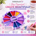 A purple plastic diamond painting bead organizer wheel with multiple colored compartments, shown on a white background with promotional text and a hand holding a paintbrush nearby. The brand name DrillnDazzle is visible.