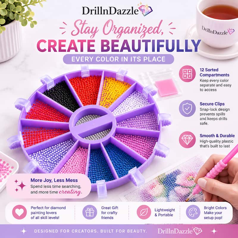 A purple plastic diamond painting bead organizer wheel with multiple colored compartments, shown on a white background with promotional text and a hand holding a paintbrush nearby. The brand name DrillnDazzle is visible.